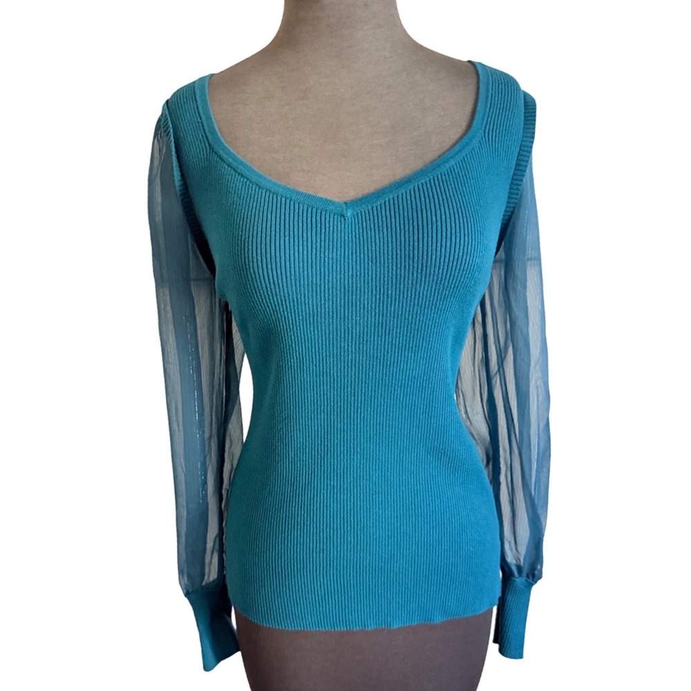 Bold Elements Womens Teal Ribbed Knit V-Neck Sheer‎ Balloon Sleeve Sweater Large